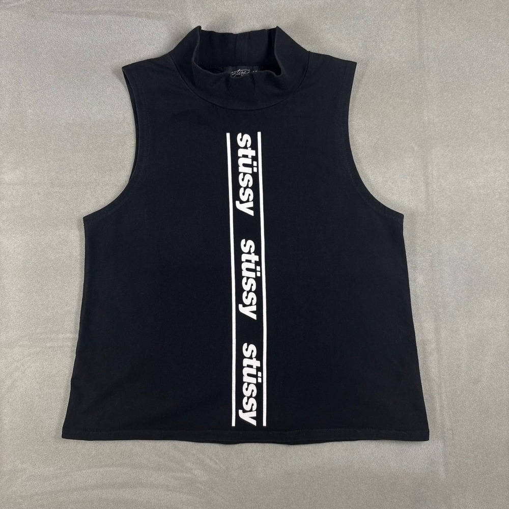 Vintage Stussy Women Black Mock Neck Sleeveless Logo Graphic Tank Top Small